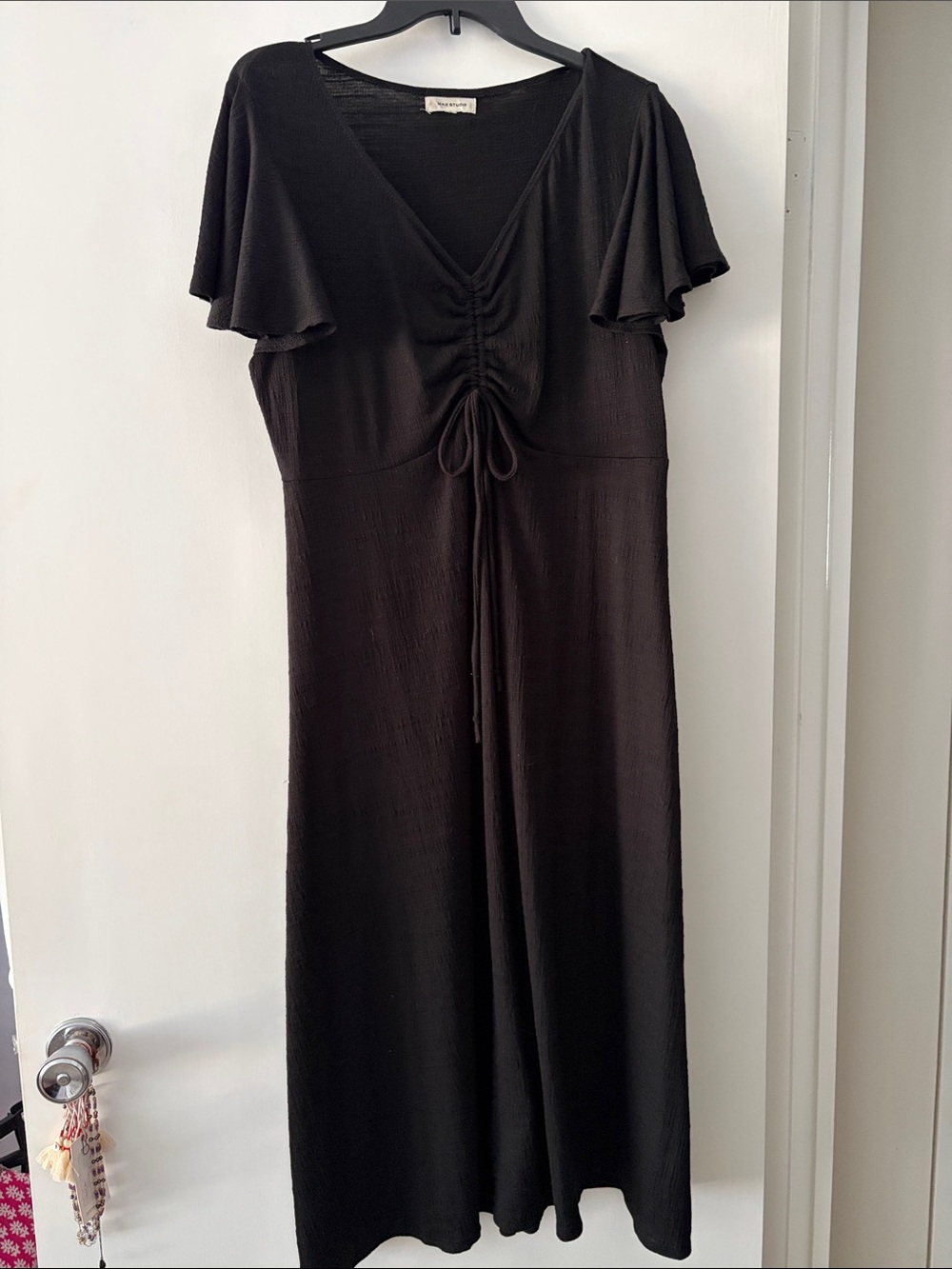 Max Studio Black V-Neck Drawstring Maxi Dress with Flutter Sleeves